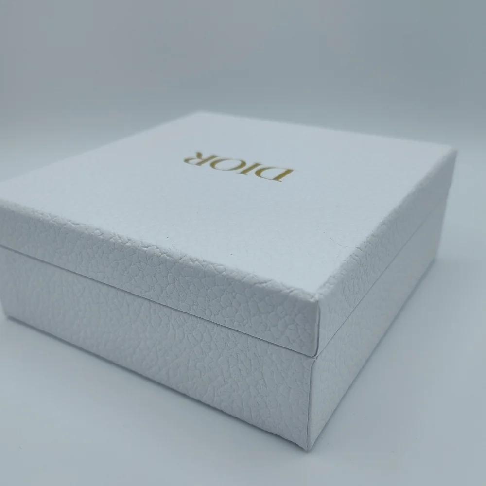Dior Textured White Gift Box & Card Gold Logo 5x5 Hard Box Case Packaging NWOT